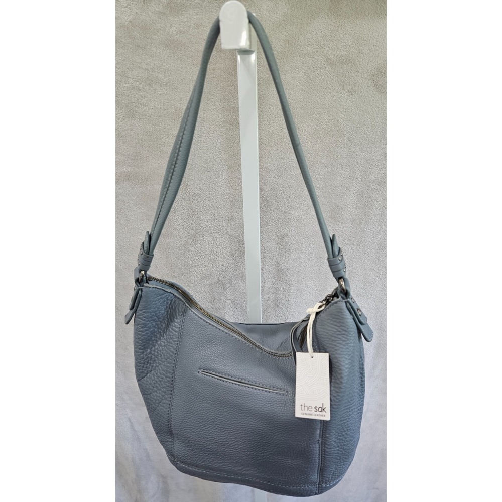 NWT The Sak Blue Pebbled Leather Hobo Shoulder Bag Slouchy Multi Pocket Zip - Picture 3 of 10